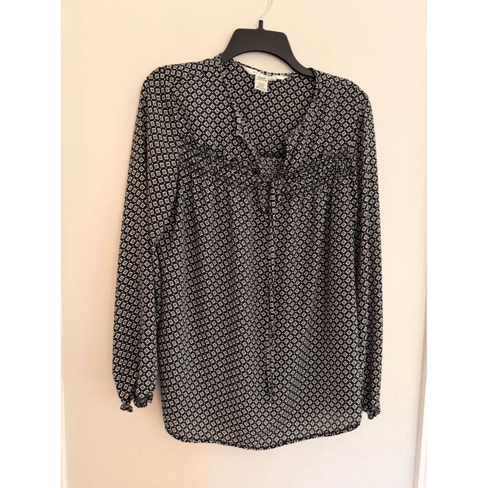 Max Studio Y2K Boho Blouse Black White Geometric Print Flowy Peasant Top Small